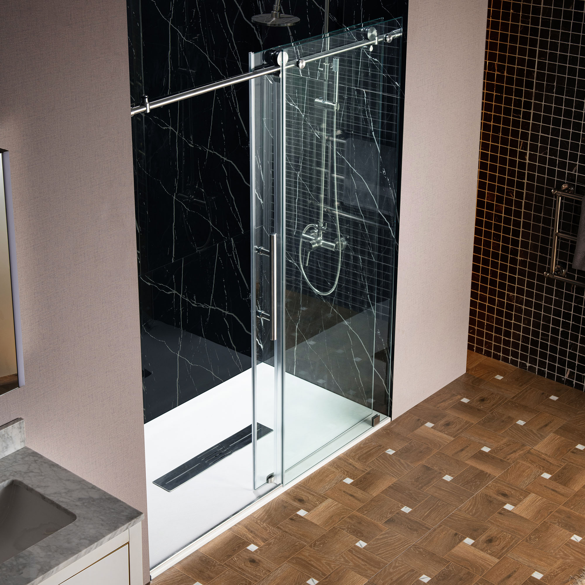  WOODBRIDGE Frameless Single Sliding Shower Door with Soft Close System, 57.5-60