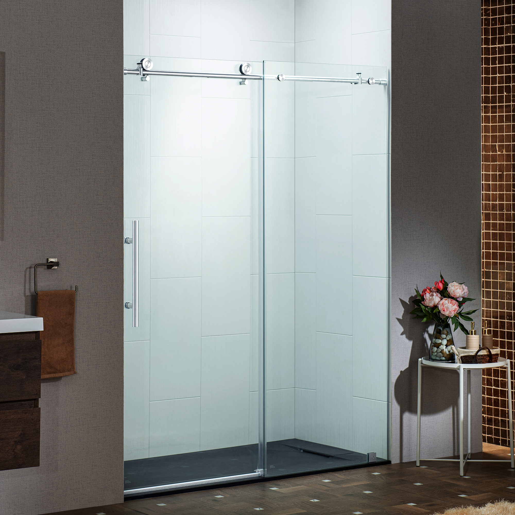  WOODBRIDGE Frameless Single Sliding Shower Door with Soft Close System, 57.5-60