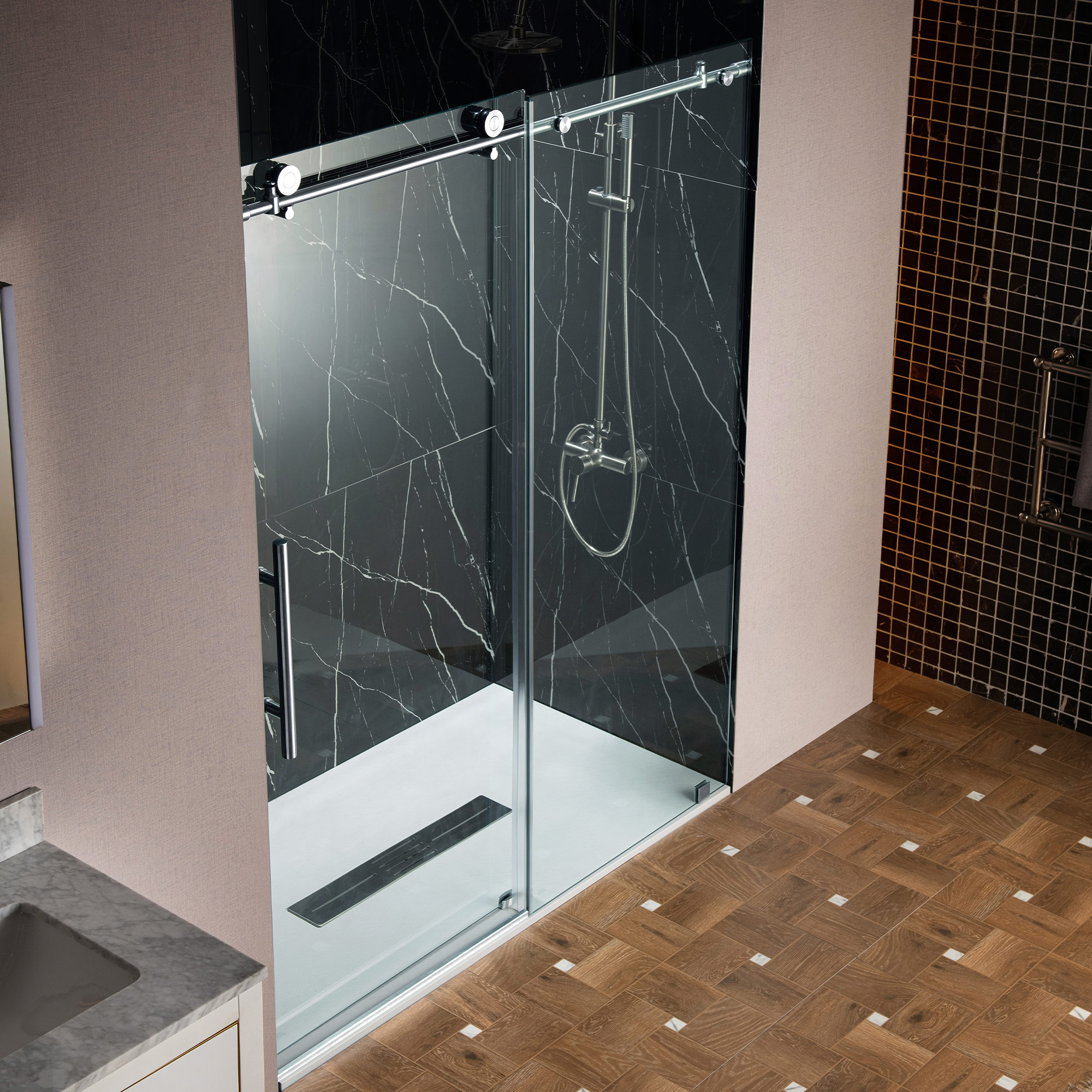  WOODBRIDGE Frameless Single Sliding Shower Door with Soft Close System, 57.5-60