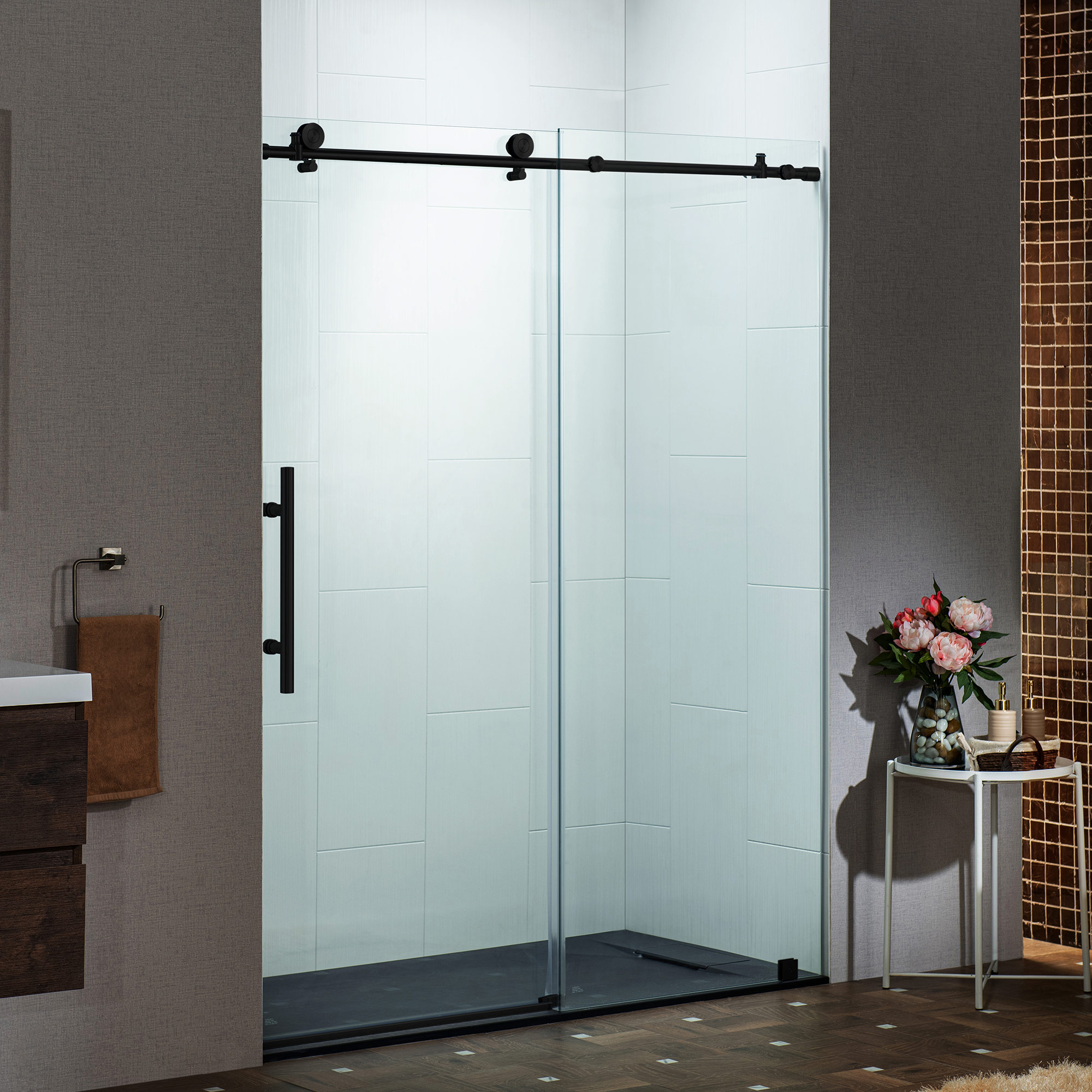  WOODBRIDGE Frameless Single Sliding Shower Door with Soft Close System, 57.5-60