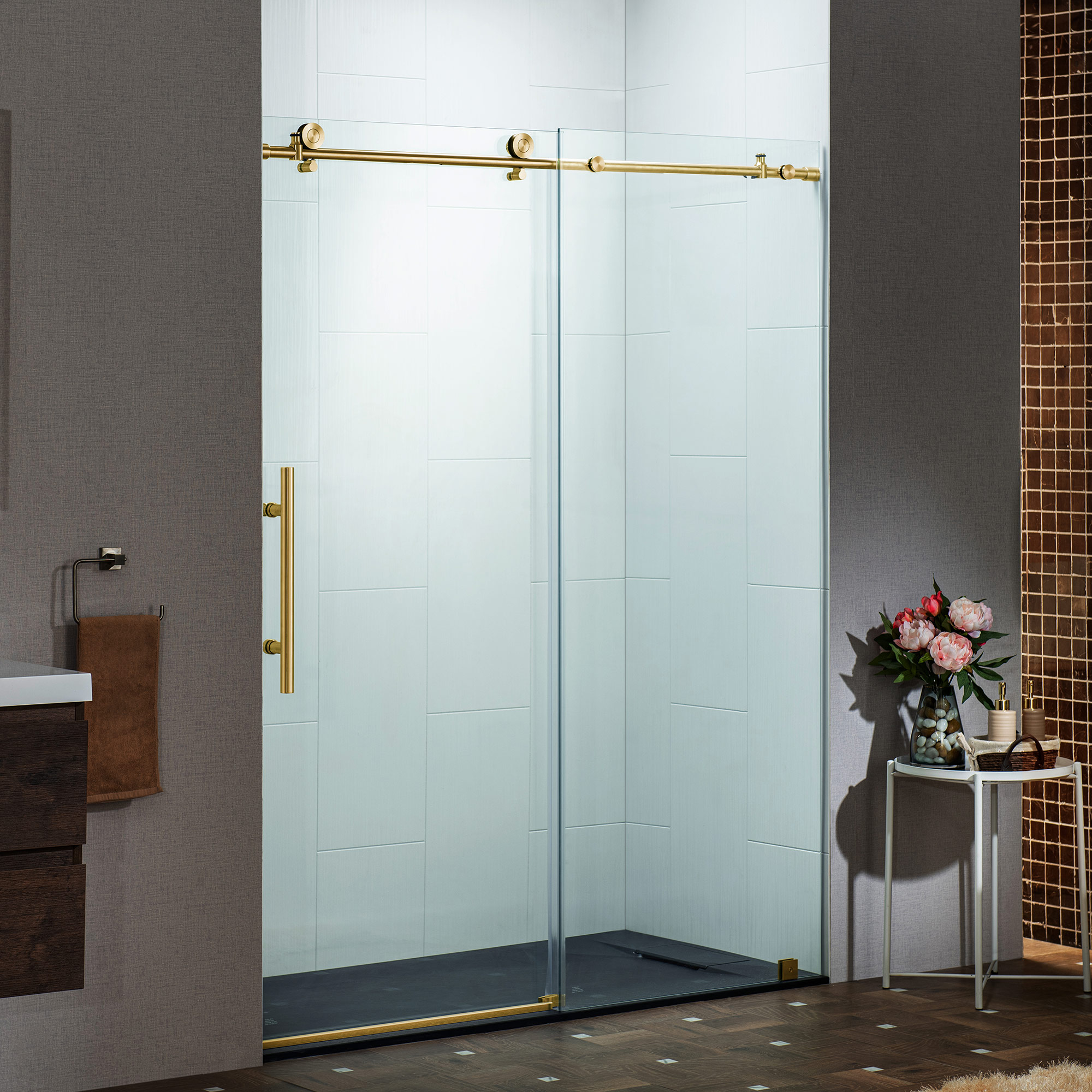  WOODBRIDGE Frameless Single Sliding Shower Door with Soft Close System, 57.5-60