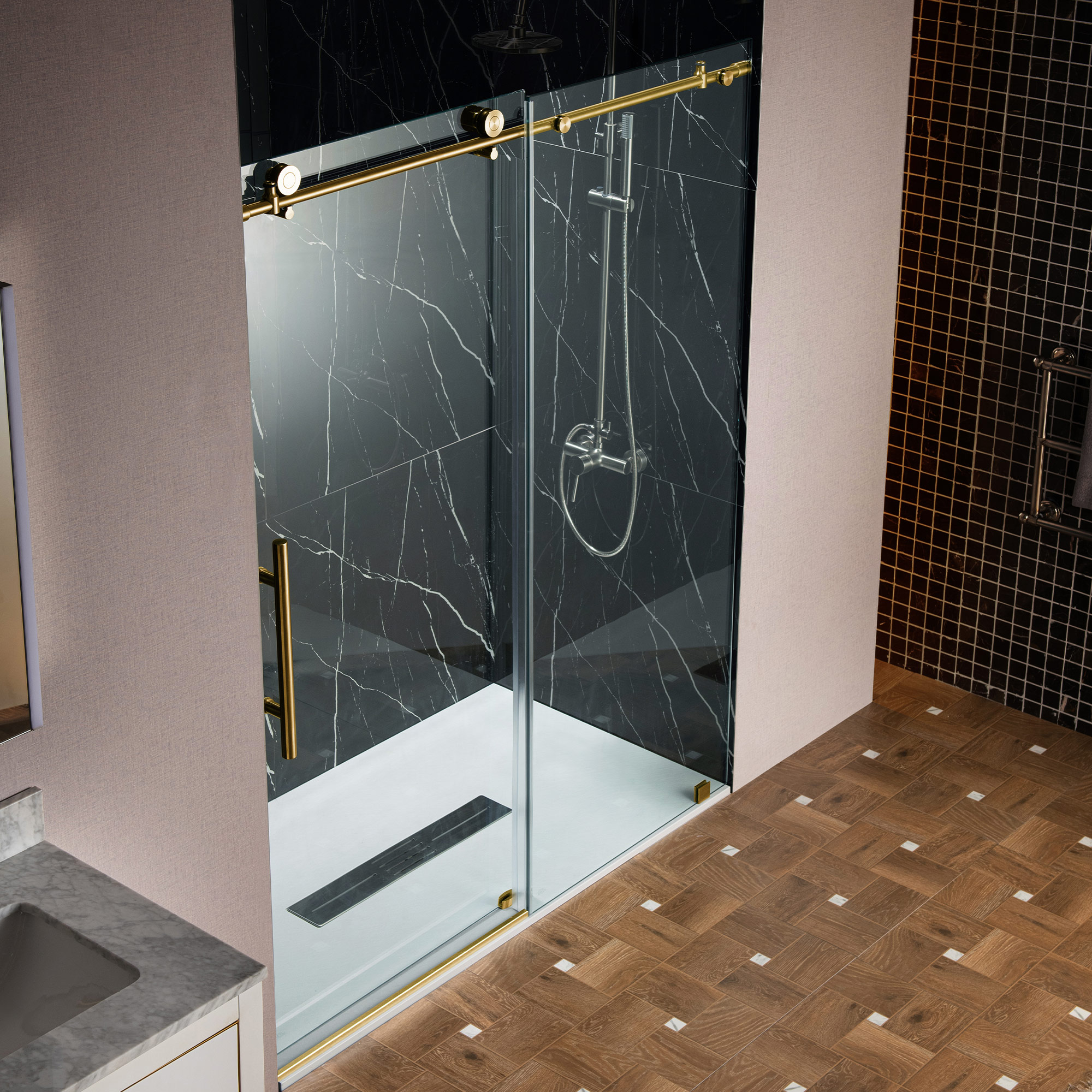  WOODBRIDGE Frameless Single Sliding Shower Door with Soft Close System, 57.5-60