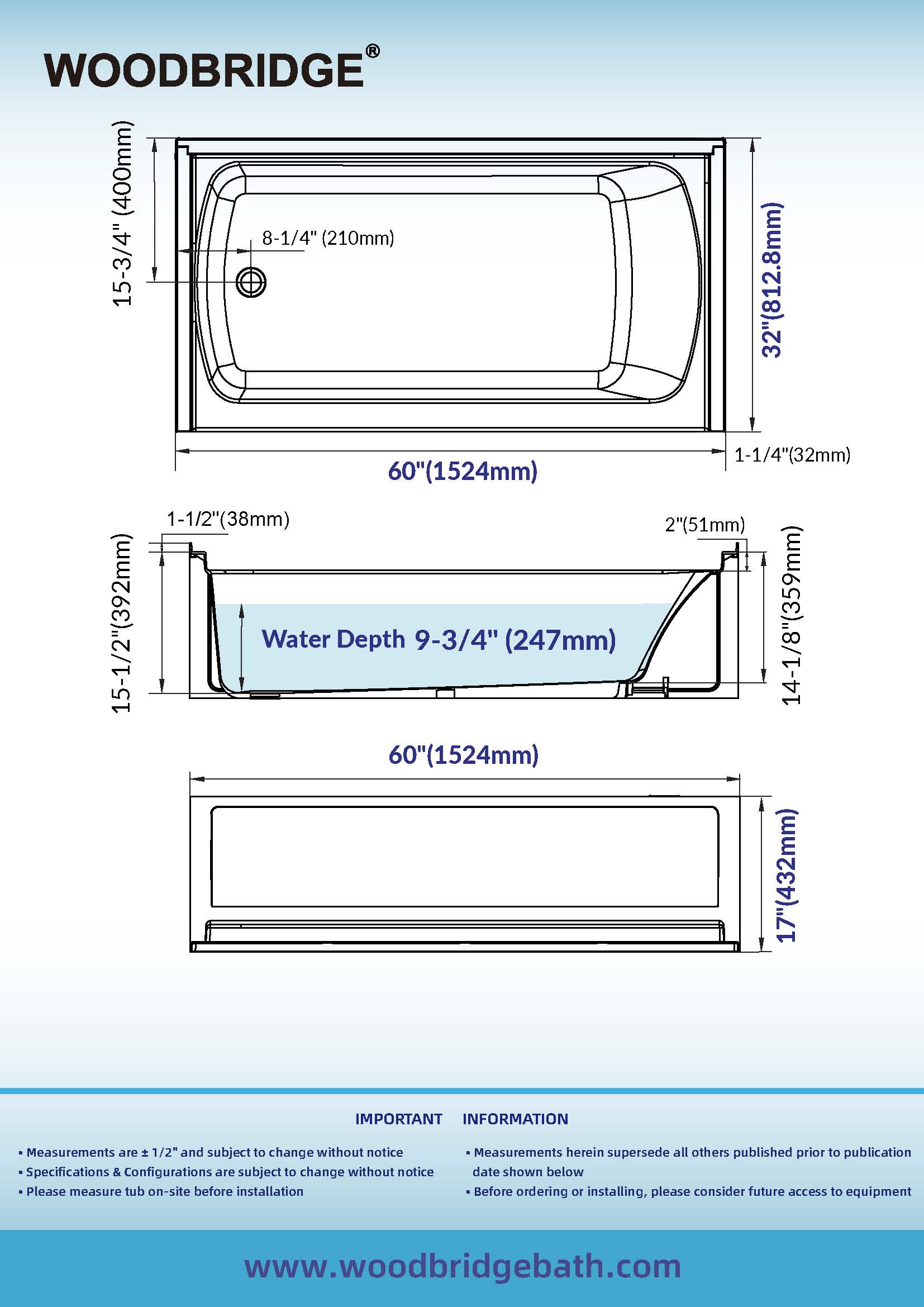  Woodbridge 60” x 32”x17” Soaking Alcove Bathtub with Left Drain in White_27215