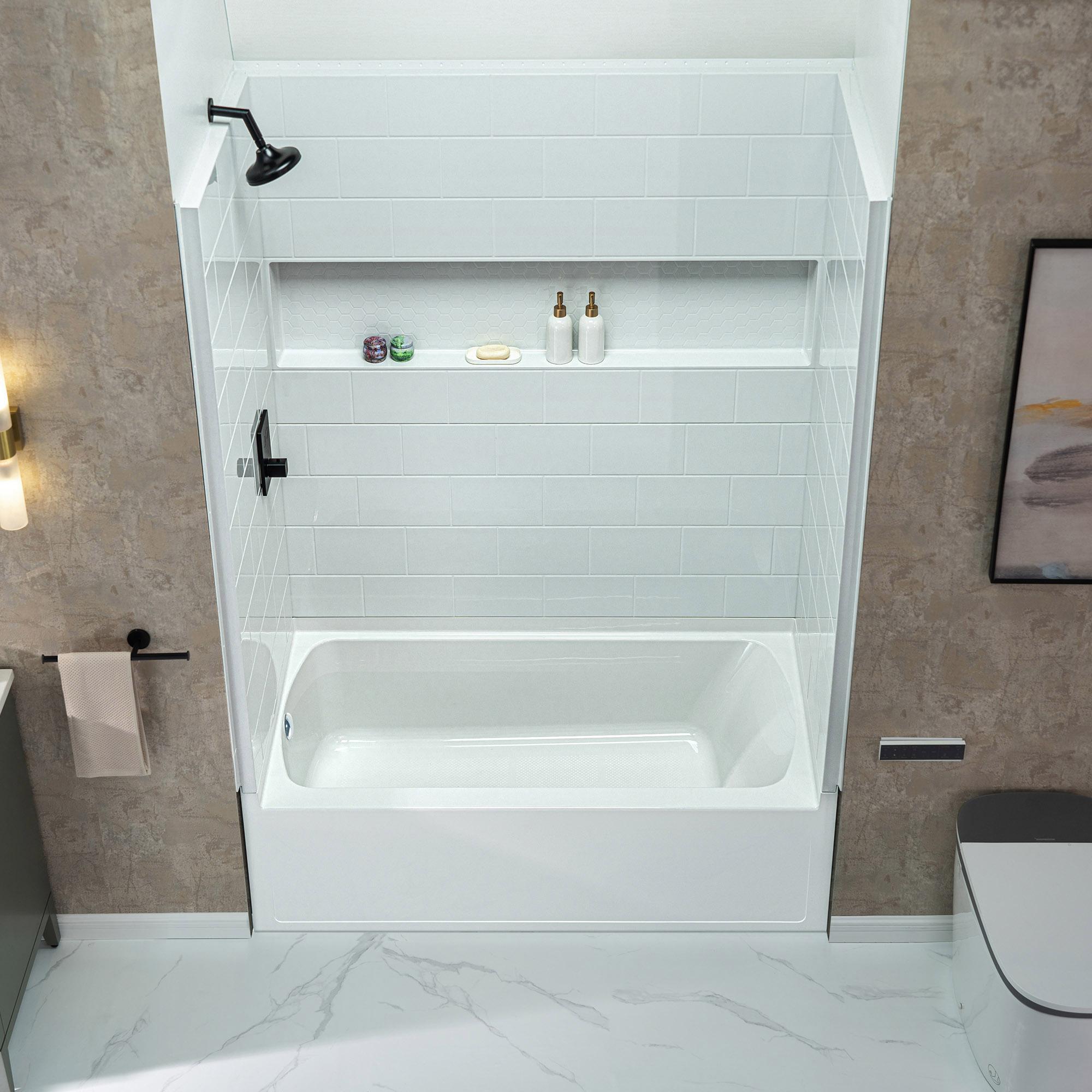  Woodbridge 60” x 32” Four-Piece Direct-to-Stud Alcove Tub Surround with Left-Drain Soaking Bathtub Combo in White_27219