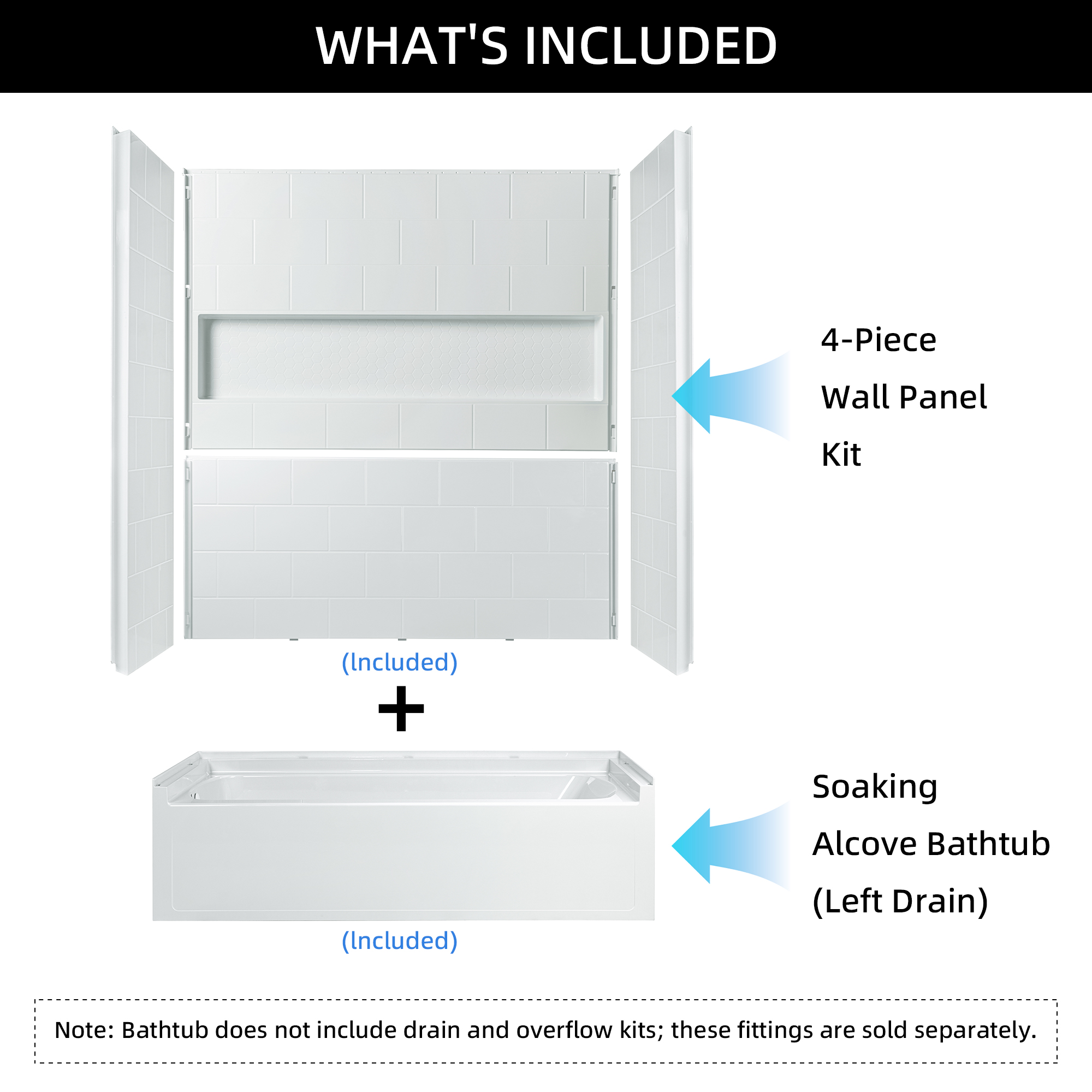  Woodbridge 60” x 32” Four-Piece Direct-to-Stud Alcove Tub Surround with Left-Drain Soaking Bathtub Combo in White_27221