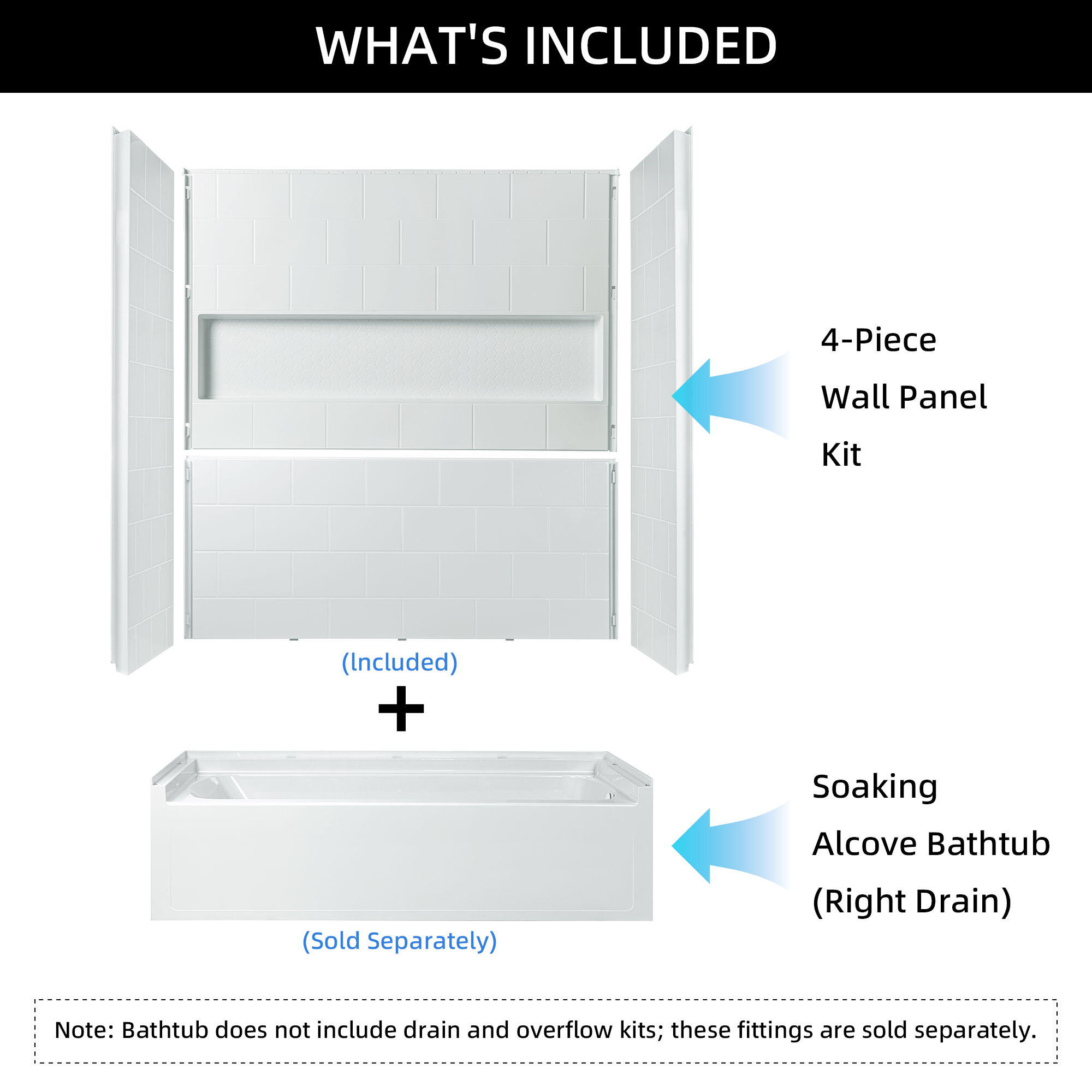  Woodbridge 60” x 32” Four-Piece Direct-to-Stud Alcove Tub Surround Wall Panel Kit in White_27240