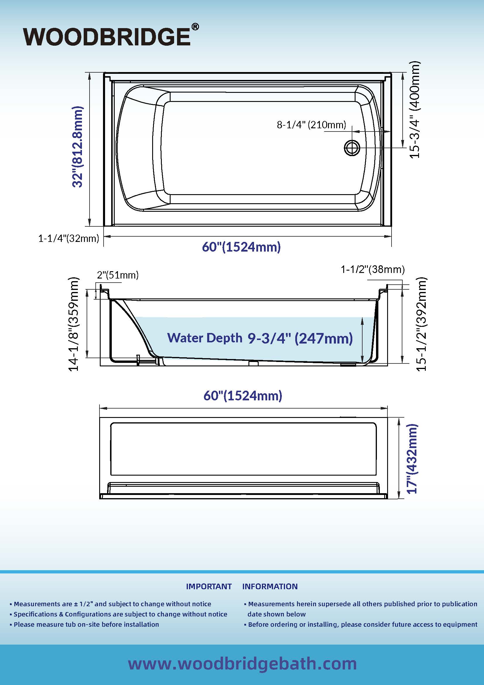  Woodbridge 60” x 32”x17” Soaking Alcove Bathtub with Right Drain in White_27216