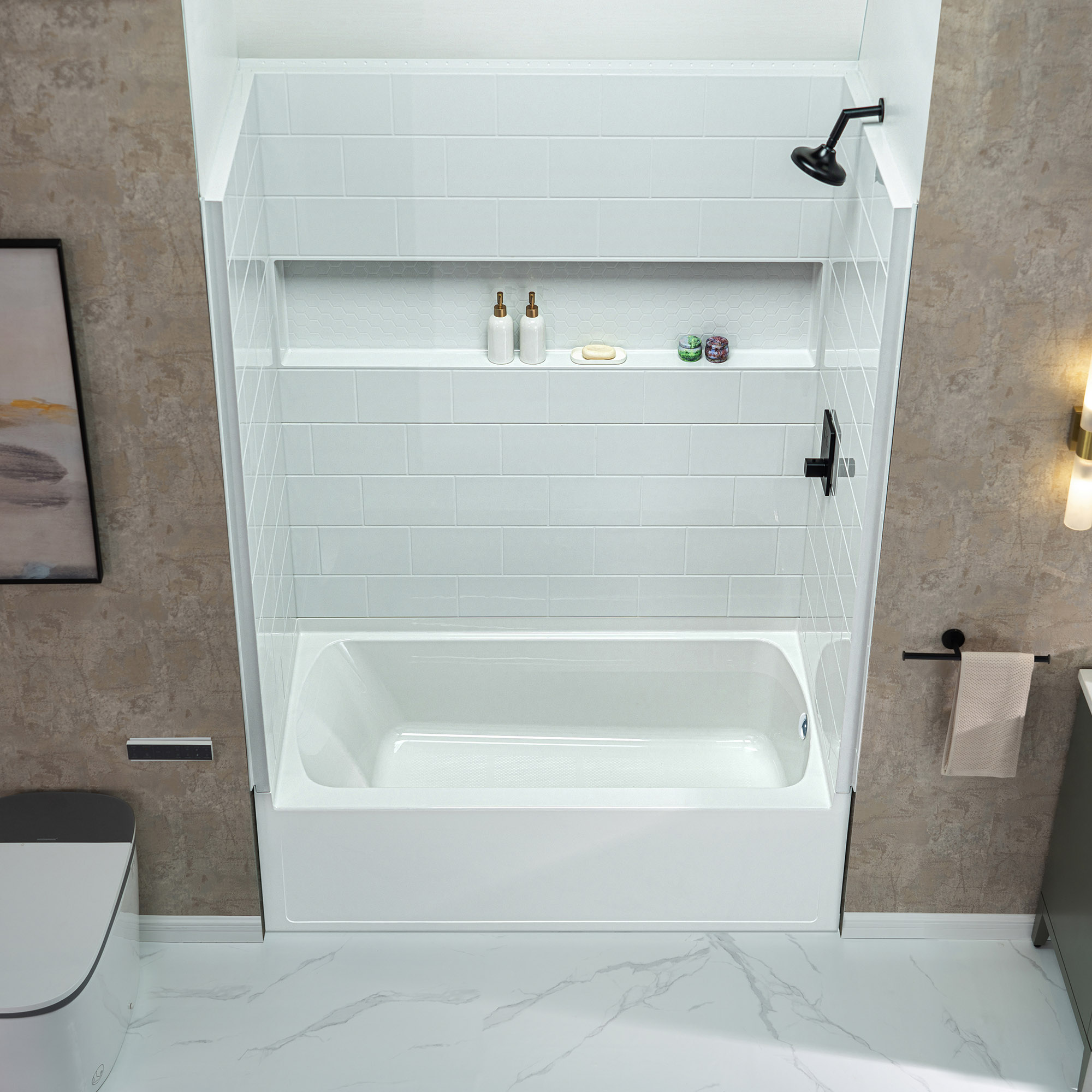  Woodbridge 60” x 32” Four-Piece Direct-to-Stud Alcove Tub Surround with Right-Drain Soaking Bathtub Combo in White_27255