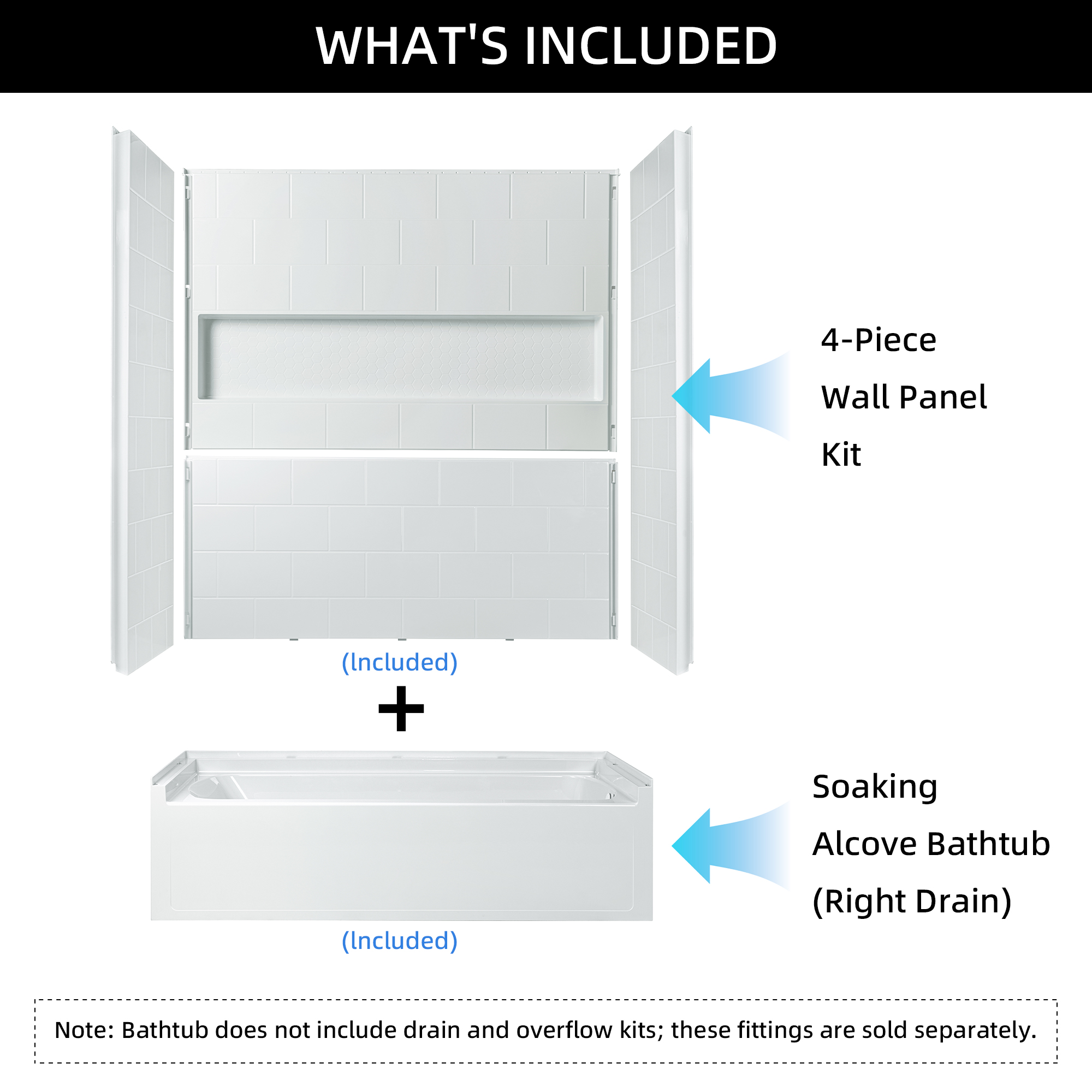  Woodbridge 60” x 32” Four-Piece Direct-to-Stud Alcove Tub Surround with Right-Drain Soaking Bathtub Combo in White_27257