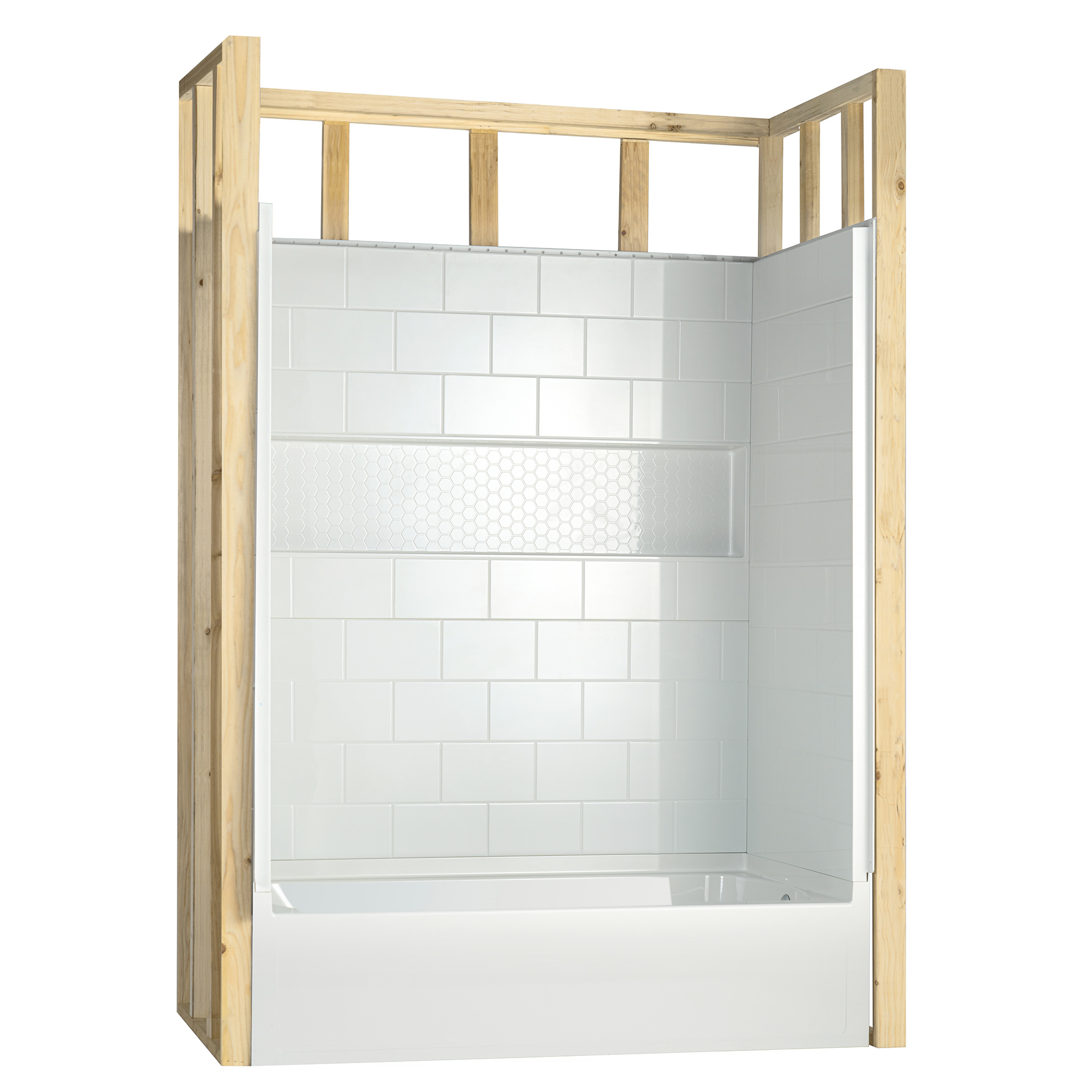  Woodbridge 60” x 32” Four-Piece Direct-to-Stud Alcove Tub Surround with Right-Drain Soaking Bathtub Combo in White_27259