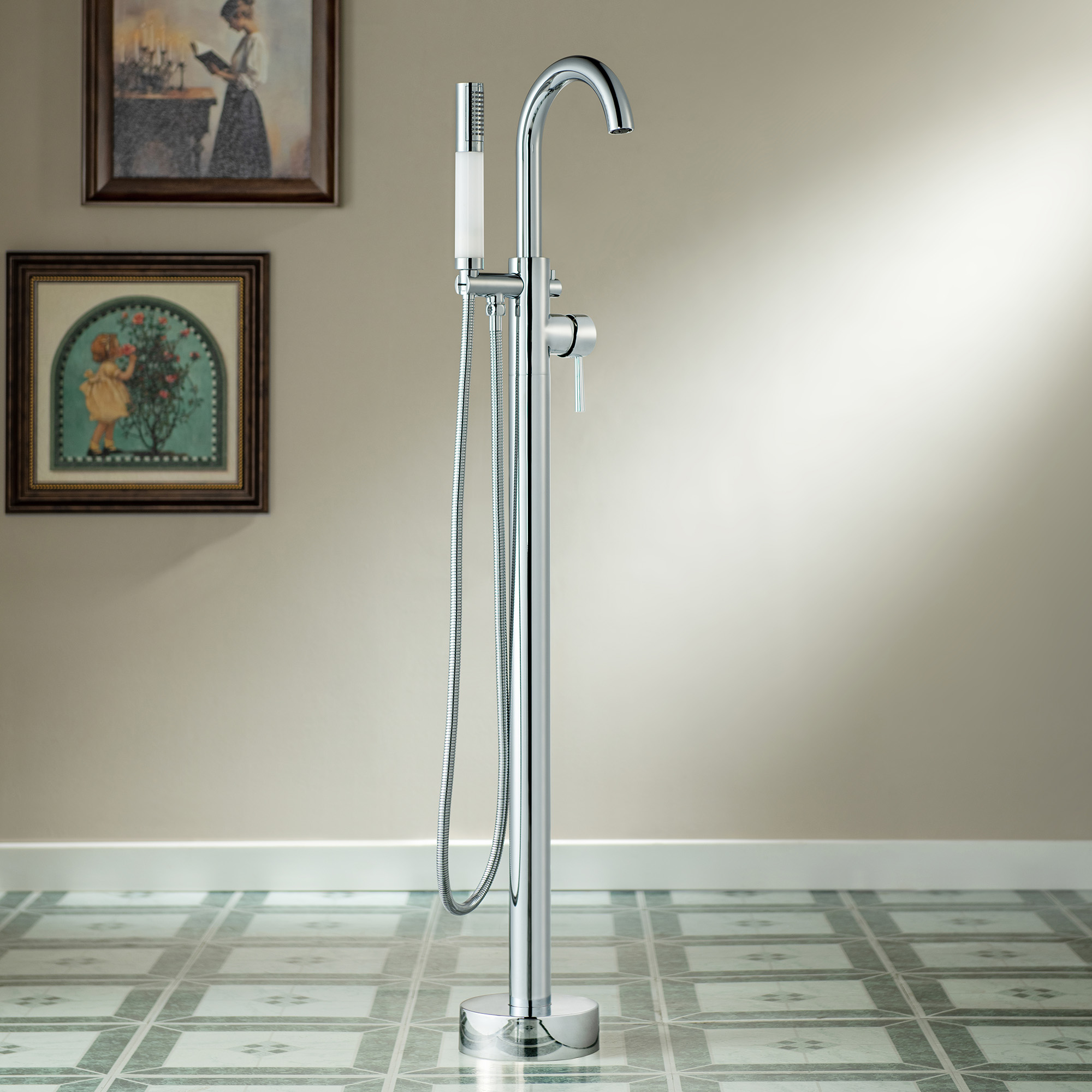 WOODBRIDGE Contemporary Single Handle Floor Mount Freestanding Tub Filler Faucet with Integrated LED Color-Changing Spray Head in Chrome Finish,F0002+CTE-CH