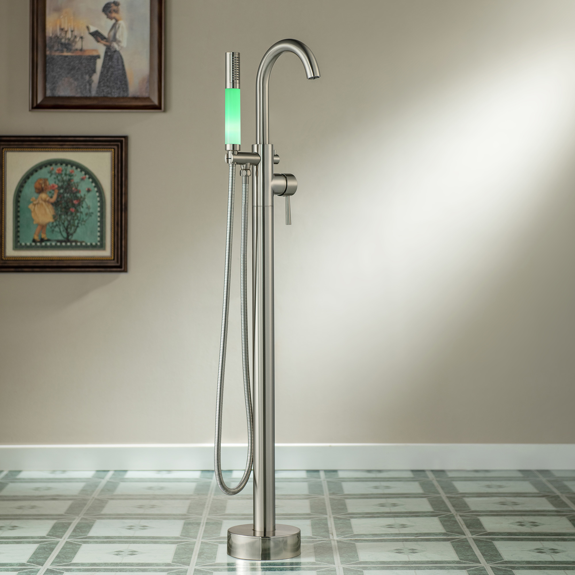 WOODBRIDGE Contemporary Single Handle Floor Mount Freestanding Tub Filler Faucet with Integrated LED Color-Changing Spray Head in Brushed Nickel Finish,F0001 +CTE-BN