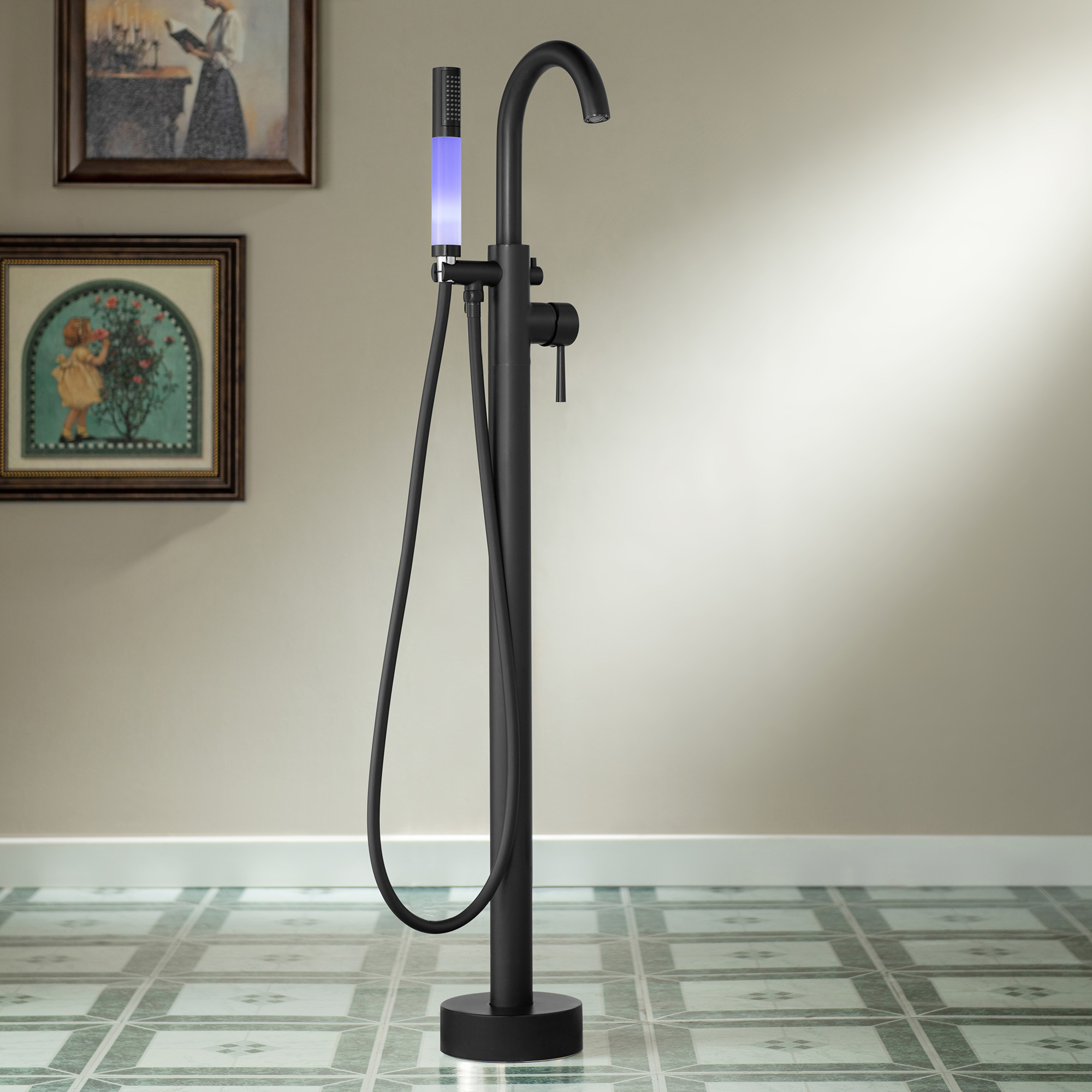 WOODBRIDGE Contemporary Single Handle Floor Mount Freestanding Tub Filler Faucet with Integrated LED Color-Changing Spray Head in Matte Black Finish,F0006+CTE-MB