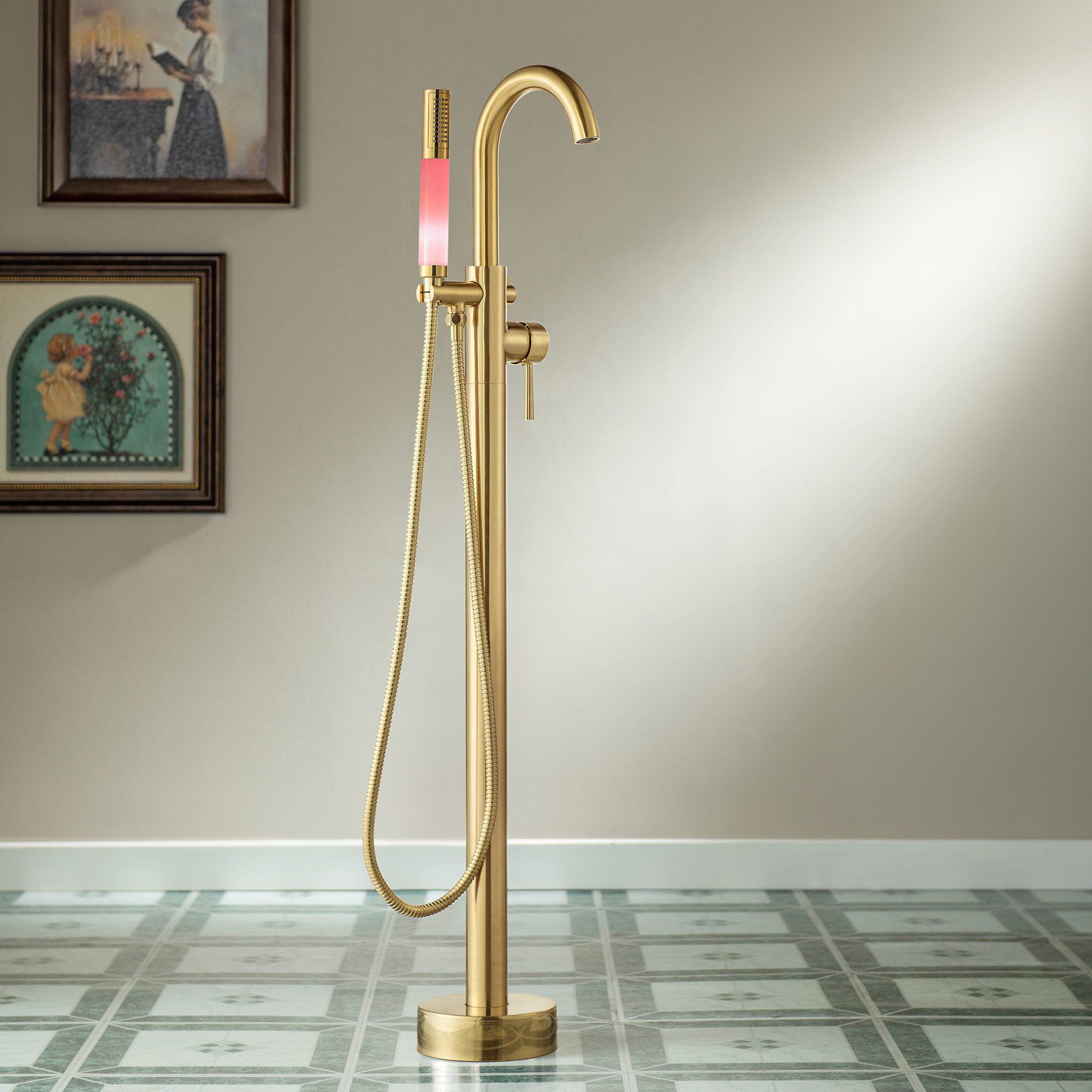 WOODBRIDGE Contemporary Single Handle Floor Mount Freestanding Tub Filler Faucet with Integrated LED Color-Changing Spray Head in Brushed Gold Finish,F0007+CTE-BG