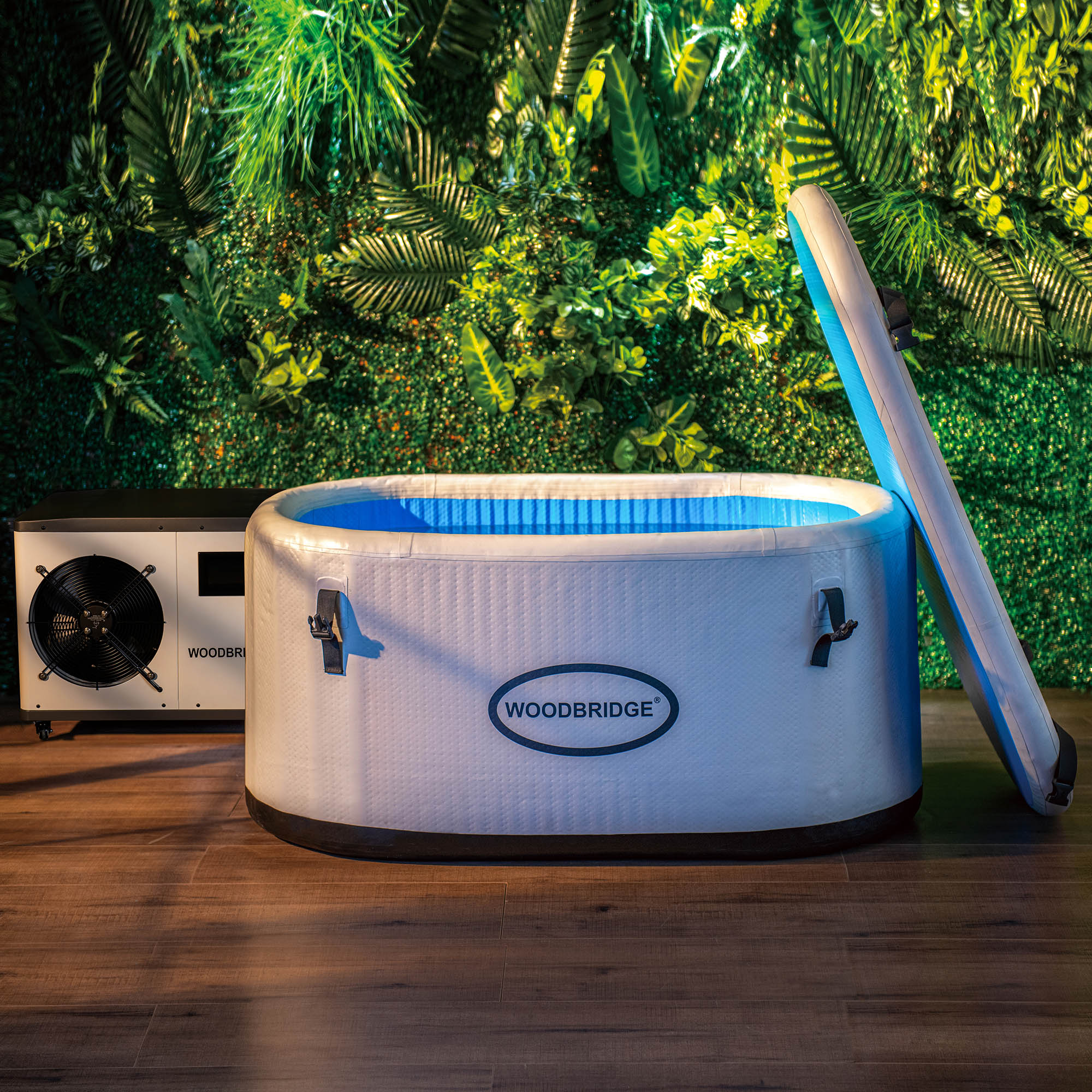 WOODBRIDGE Inflatable Oval Ice Bath Cold Plunge Tub with 1.3 HP High-Performance Cooling and Heating Chiller in White, Ozone sanitation, Filter circulation system, WIFI-enabled & remote control via APP, WIC01W-PIB+WWI6000