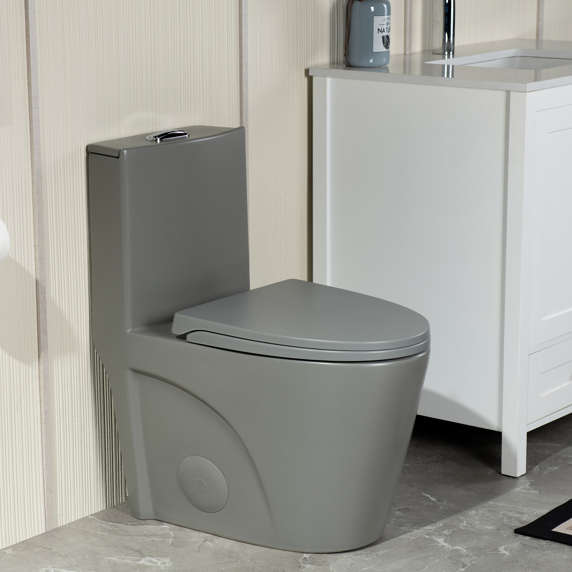 WOODBRIDGE One Piece Toilet with Soft Closing Lid, Chair Height, 1.28 GPF Dual, 1000 Gram MaP Flushing Score Toilet, Light Gray