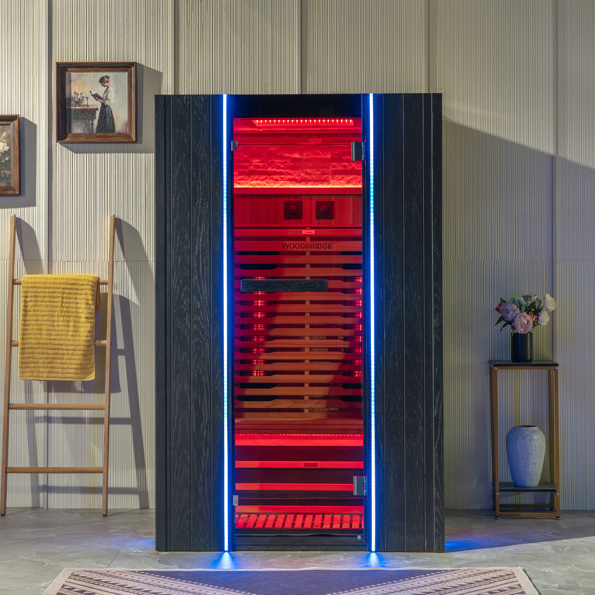 2-Person Indoor FAR Infrared  Black Sauna Crafted from Japanese Douglas Fir with Red Light Therapy, Bluetooth Speaker, Smart Control Panel & Chromotherapy Lighting