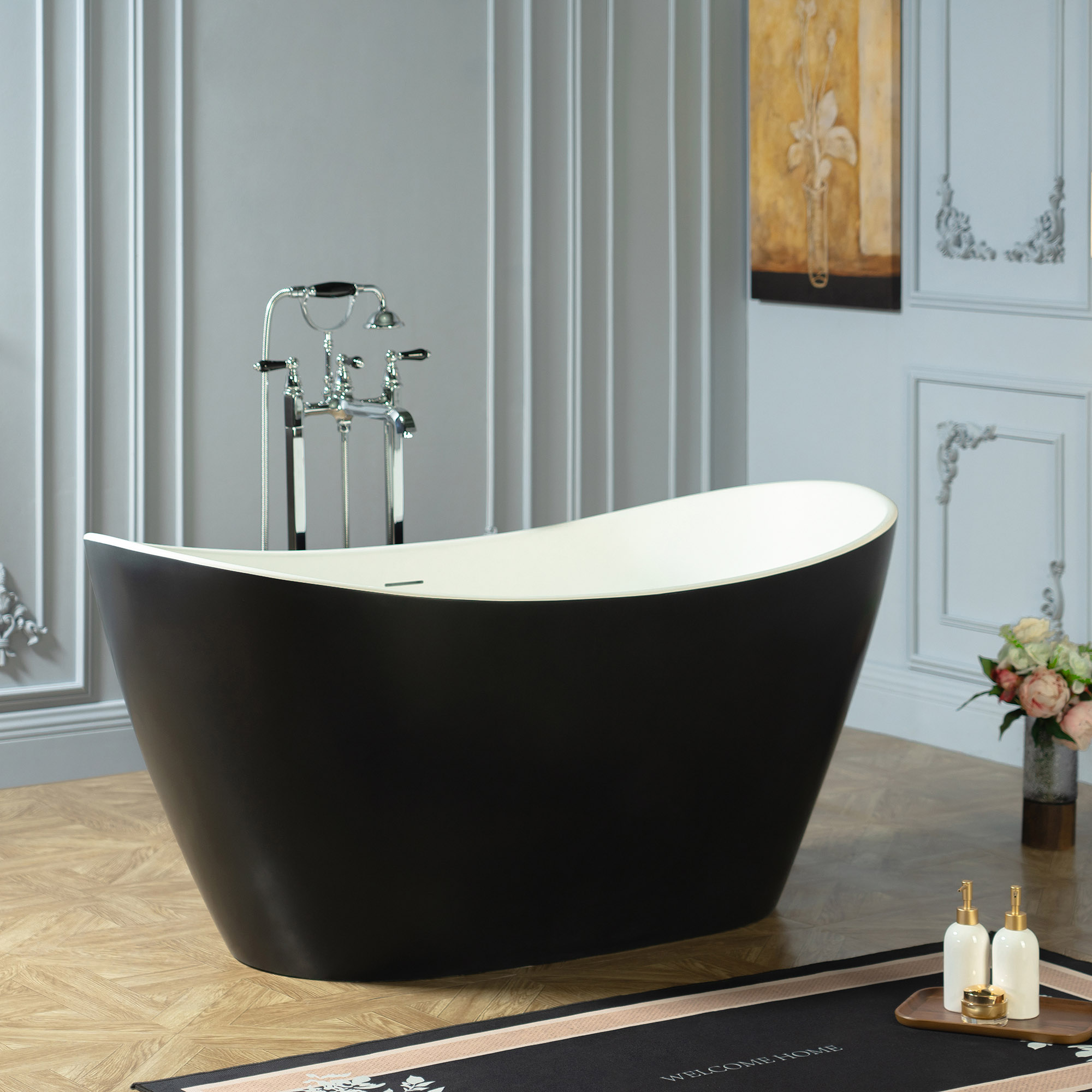 WOODBRIDGE 59 in. x 29.13 in. Stone Resin Luxury Contemporary Solid Surface Freestanding Bathtub in Matte Black（White）