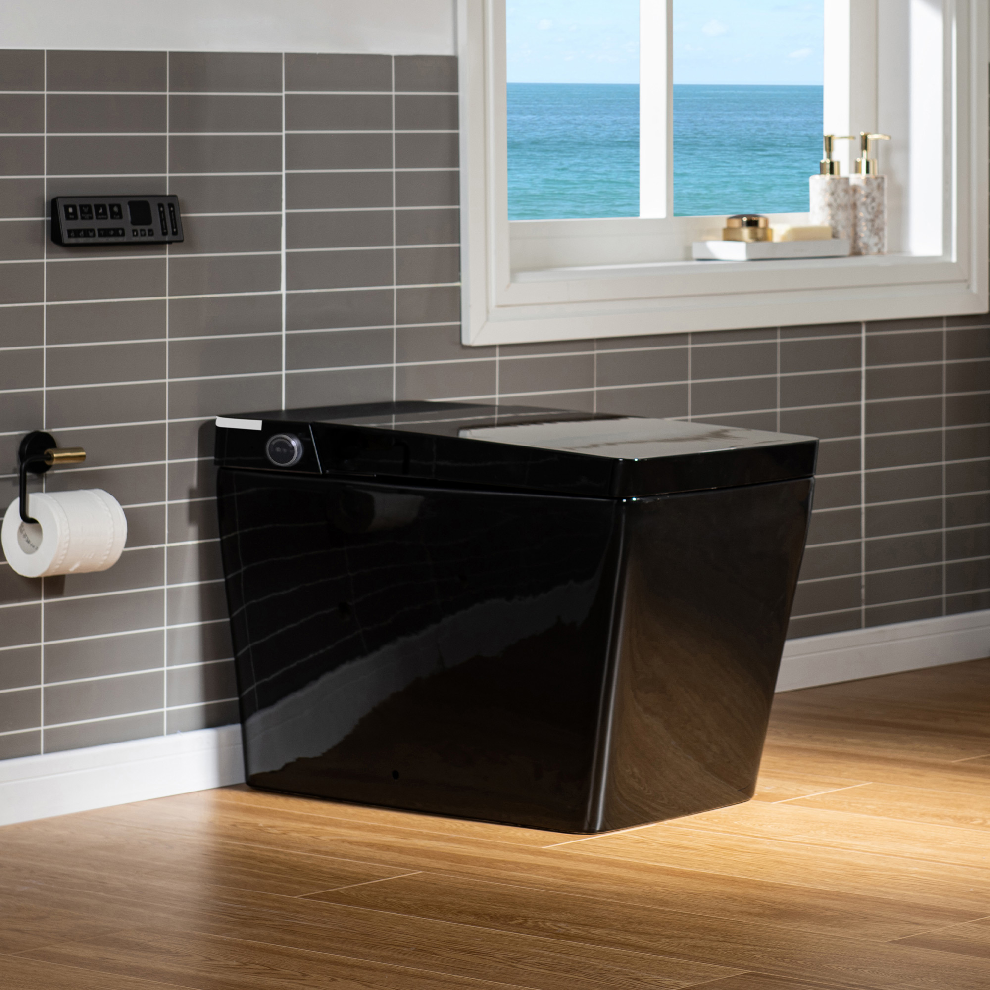 WOODBRIDGE EBT-HB02 One-Piece Square Smart Toilet Bidet with Tank, Auto Open & Close, Foot Sensor, Auto Flush, Multiple Spray Modes, Heated Seat, Warm Water, Air Dryer, Glossy Black