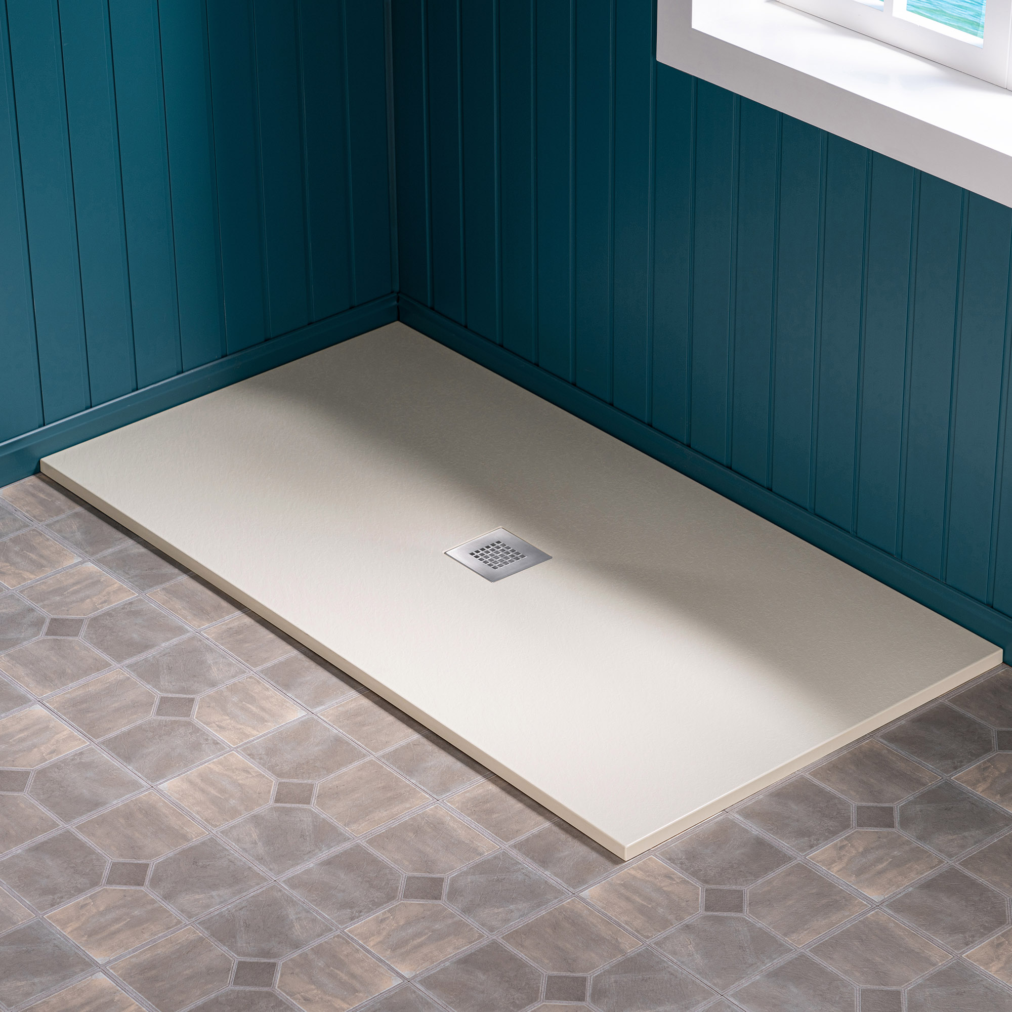 WOODBRIDGE 60-in L x 32-in W Zero-Threshold End-Drain Shower Base with Center Drain Placement, Matching Decorative Drain Plate and Tile Flange, Wheel Chair Access, Low Profile, Beige