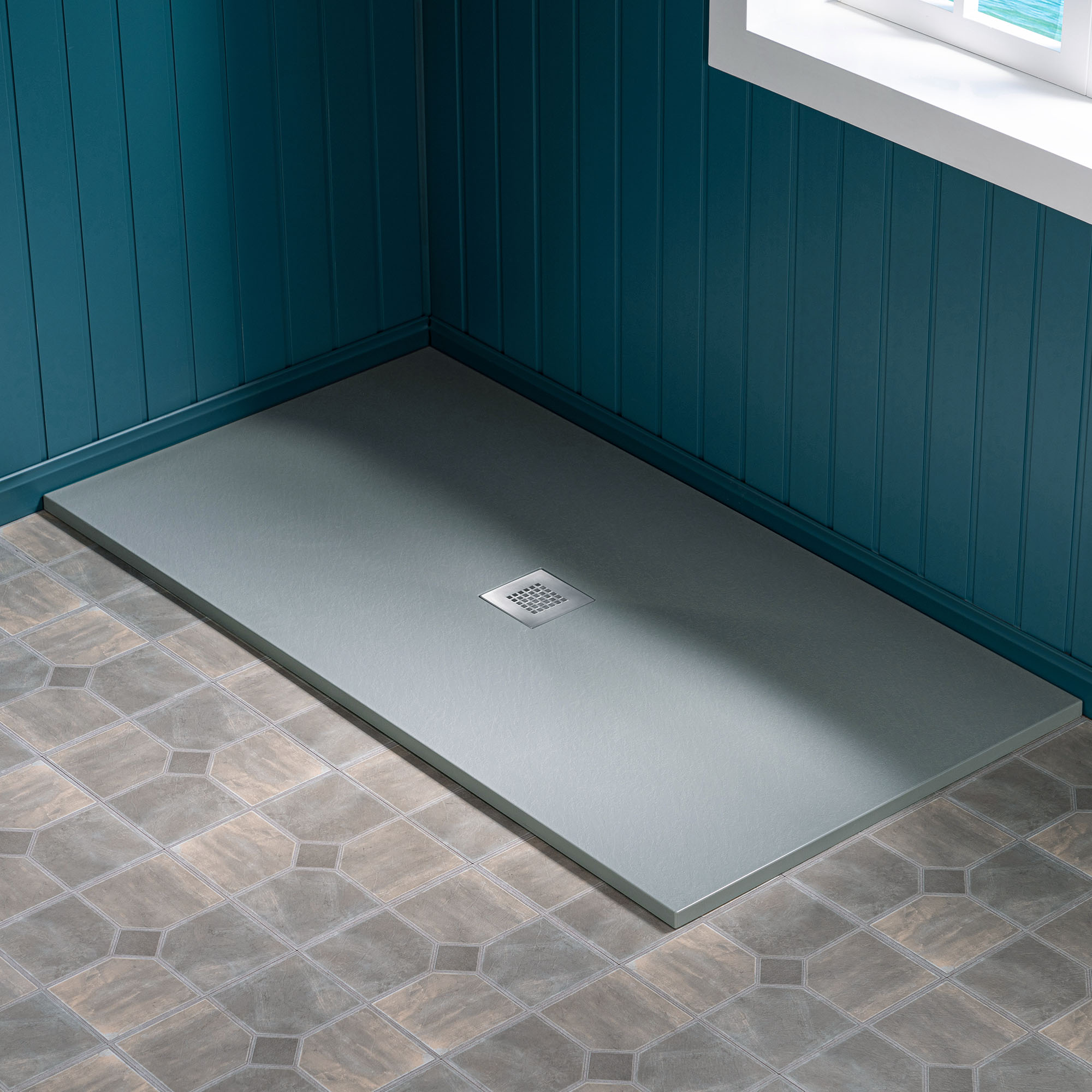 WOODBRIDGE 60-in L x 36-in W Zero-Threshold End-Drain Shower Base with Center Drain Placement, Matching Decorative Drain Plate and Tile Flange, Wheel Chair Access, Low Profile, Gray