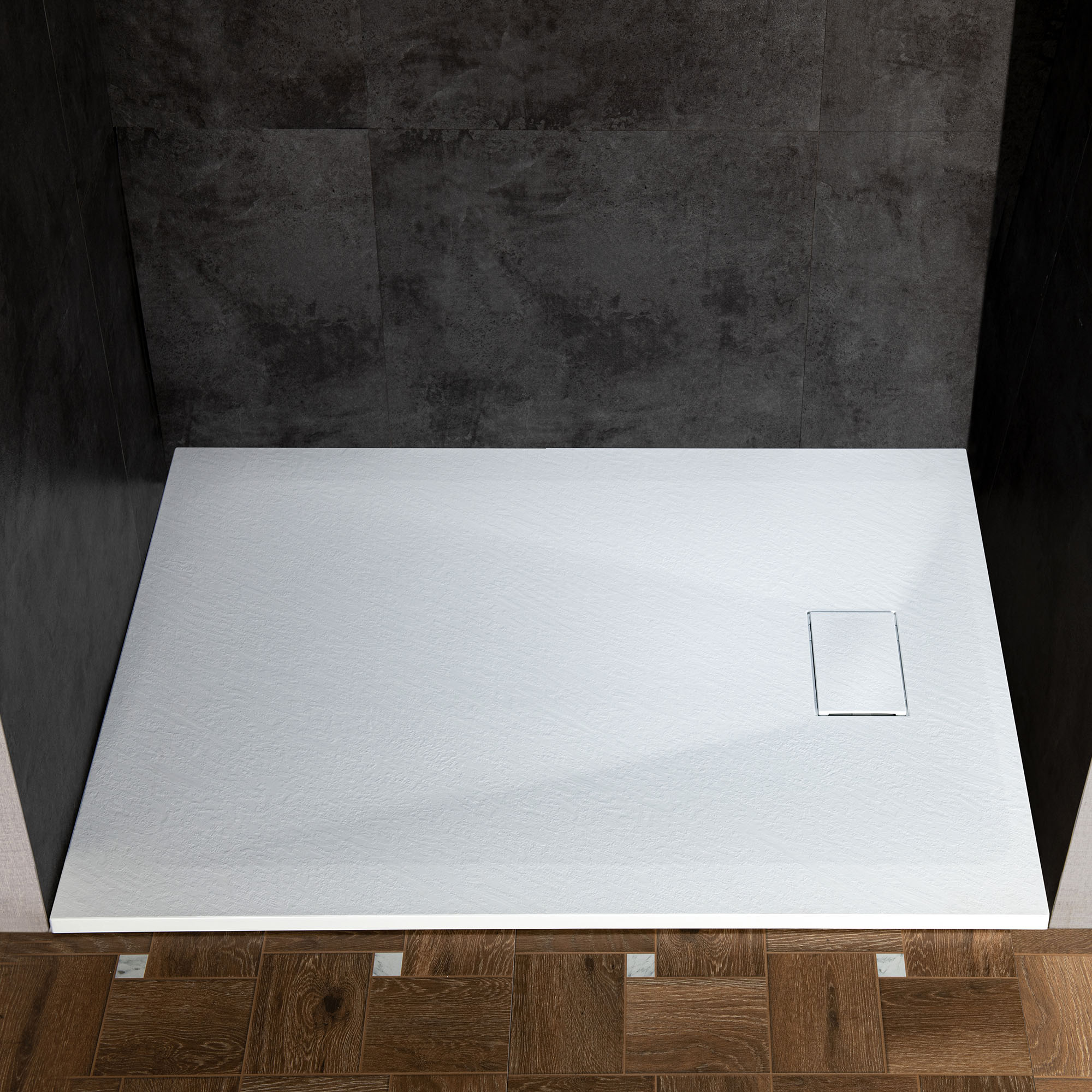 WOODBRIDGE 47.25 in L x 31.5 in W Zero Threshold End Drain Shower Base with Reversible Drain Placement, Matching Decorative Drain Plate and Tile Flange, Wheel Chair Access, Low Profile, White