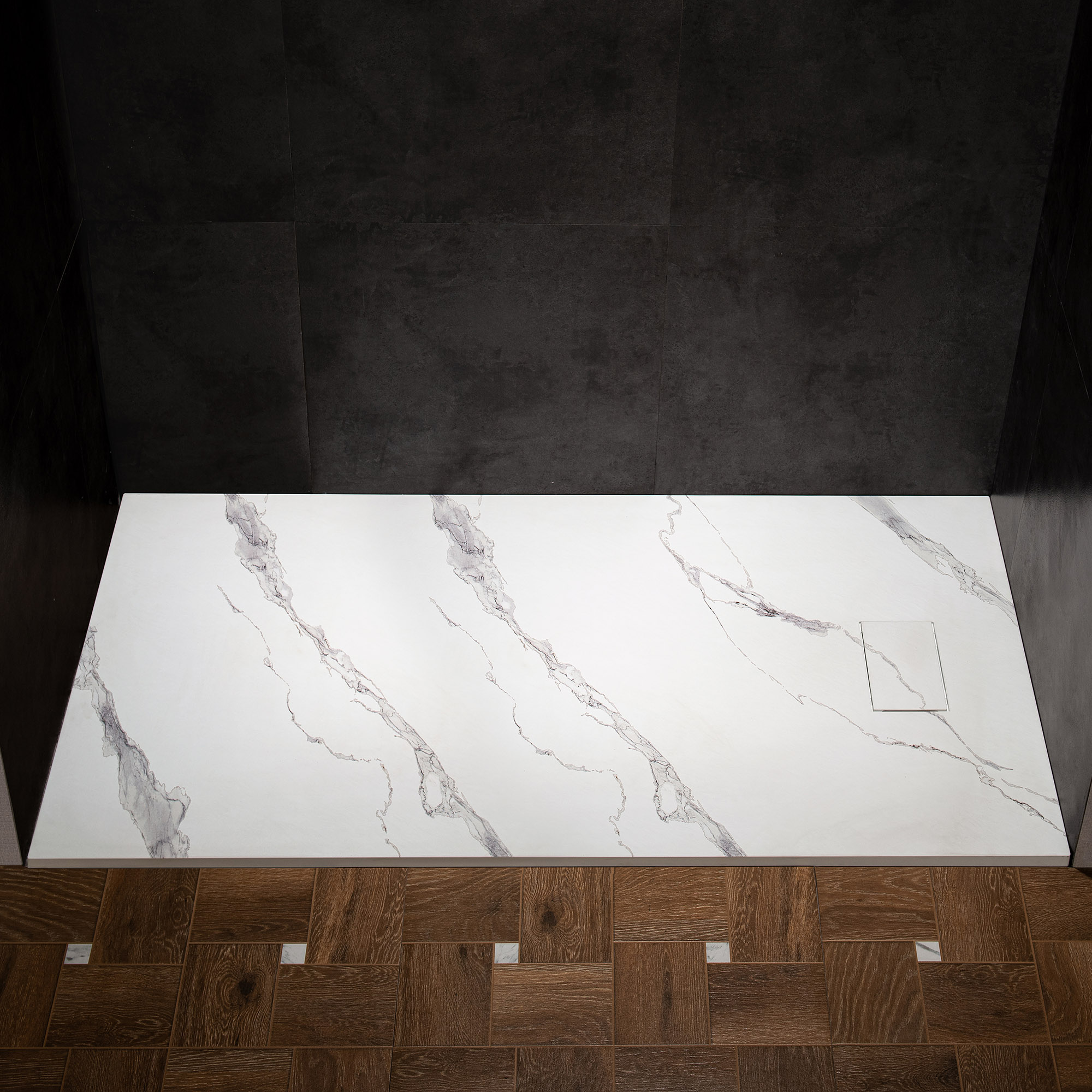 WOODBRIDGE 59 in L x 31.5 in W Zero Threshold End Drain Shower Base with Reversible Drain Placement, Matching Decorative Drain Plate and Tile Flange, Wheel Chair Access, Low Profile, Carrara White