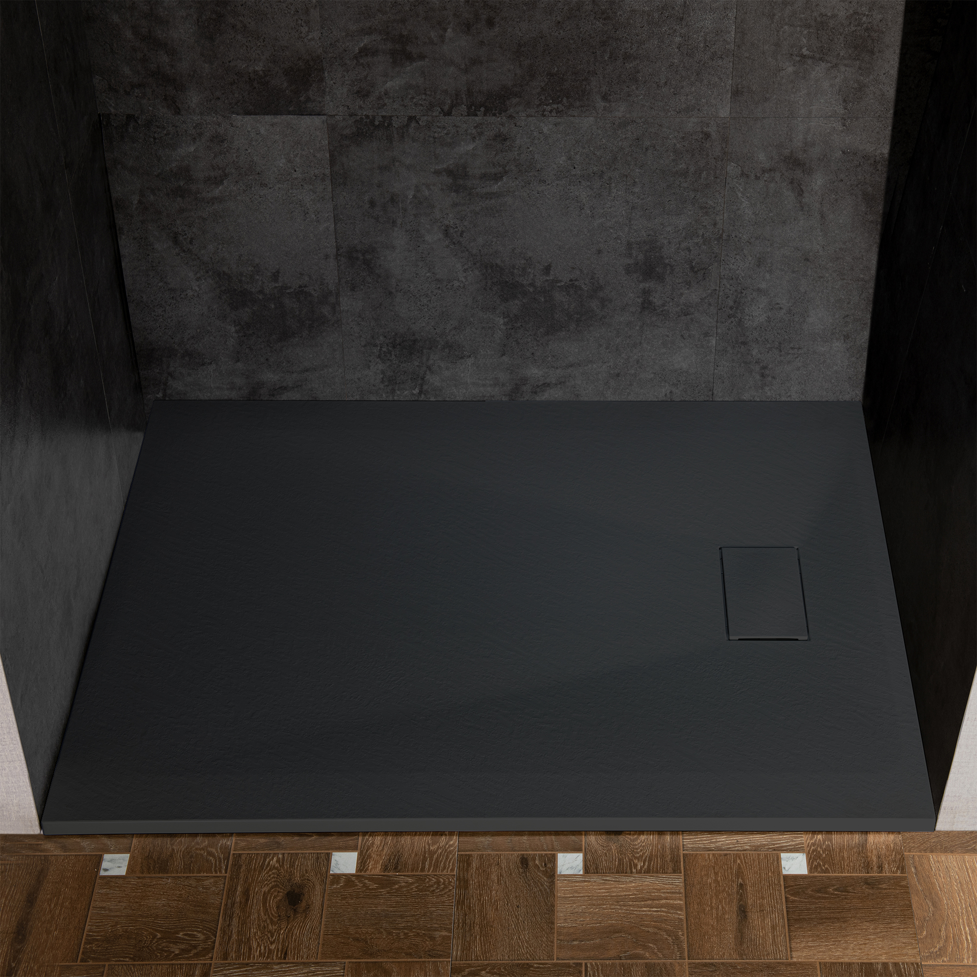 WOODBRIDGE 47.25 in L x 35.4 in W Zero Threshold End Drain Shower Base with Reversible Drain Placement, Matching Decorative Drain Plate and Tile Flange, Wheel Chair Access, Low Profile, Black