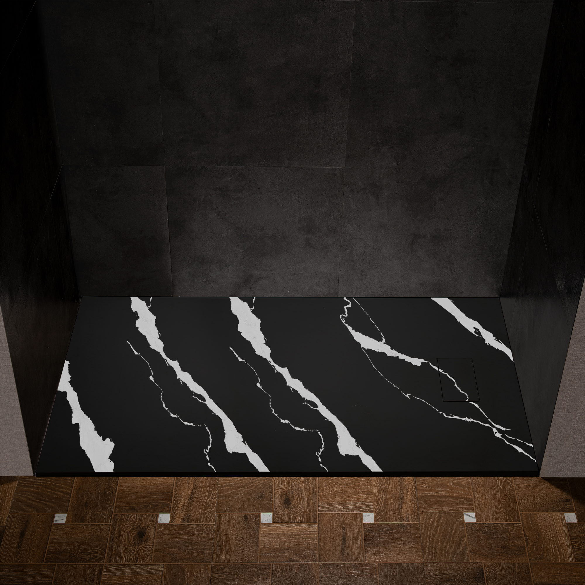 WOODBRIDGE 47.25 in L x 35.4 in W Zero Threshold End Drain Shower Base with Reversible Drain Placement, Matching Decorative Drain Plate and Tile Flange, Wheel Chair Access, Low Profile, Carrara Black