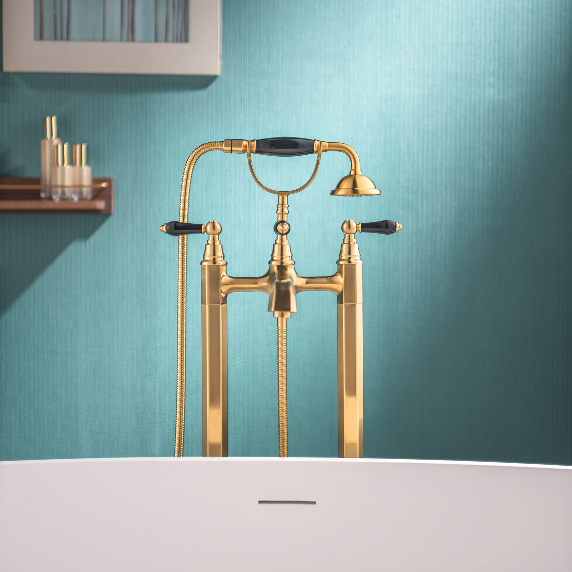 WOODBRIDGE Floor-Mount Freestanding Tub Filler with Telephone-Style Hand Shower and Ceramic Handles, 3-Handle Modern Freestanding Soaking Tub Filler, Brushed Gold Finish, KF203-BG