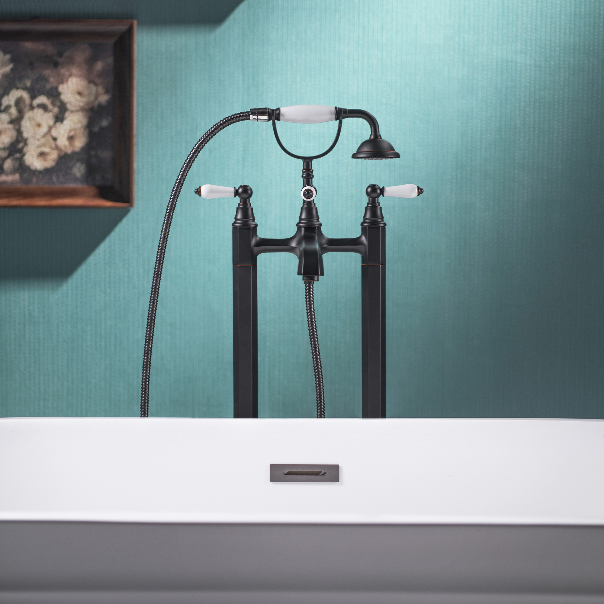 WOODBRIDGE Floor-Mount Freestanding Tub Filler with Telephone-Style Hand Shower and Ceramic Handles, 3-Handle Modern Freestanding Soaking Tub Filler, Oil Rubbed Bronze Finish, KF204-ORB