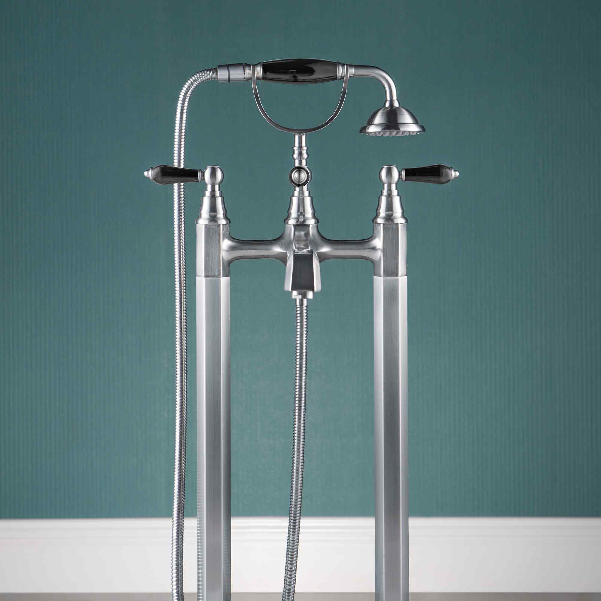 WOODBRIDGE Floor-Mount Freestanding Tub Filler with Telephone-Style Hand Shower and Ceramic Handles, 3-Handle Modern Freestanding Soaking Tub Filler, Polished Chrome Finish, KF201-CH