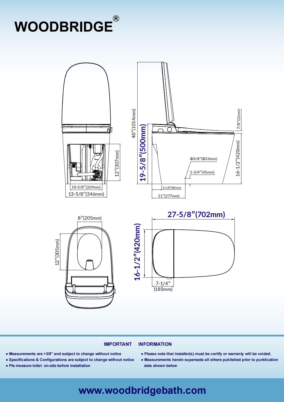 WOODBRIDGE Smart Bidet Toilet with Auto Open/Close, Foot Sensor, Automatic Flush, Foam Shield, Heated Seat, and ADA-Compliant Chair Height Design - Model, EBT350