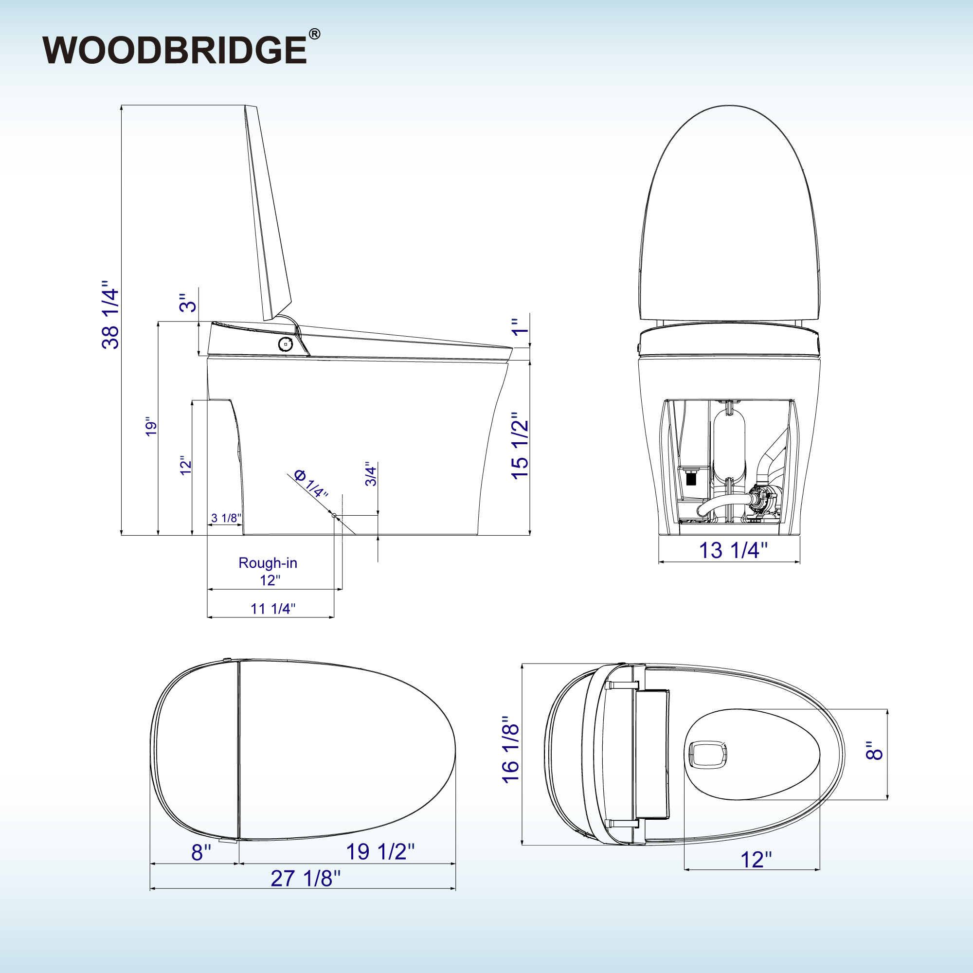 WOODBRIDGE EBT700 One Piece Elongated Smart Toilet Bidet, Auto Open & Close, Auto Flush, Foot Sensor Operation, Heated Seat with Integrated Multi Function Remote Control in White