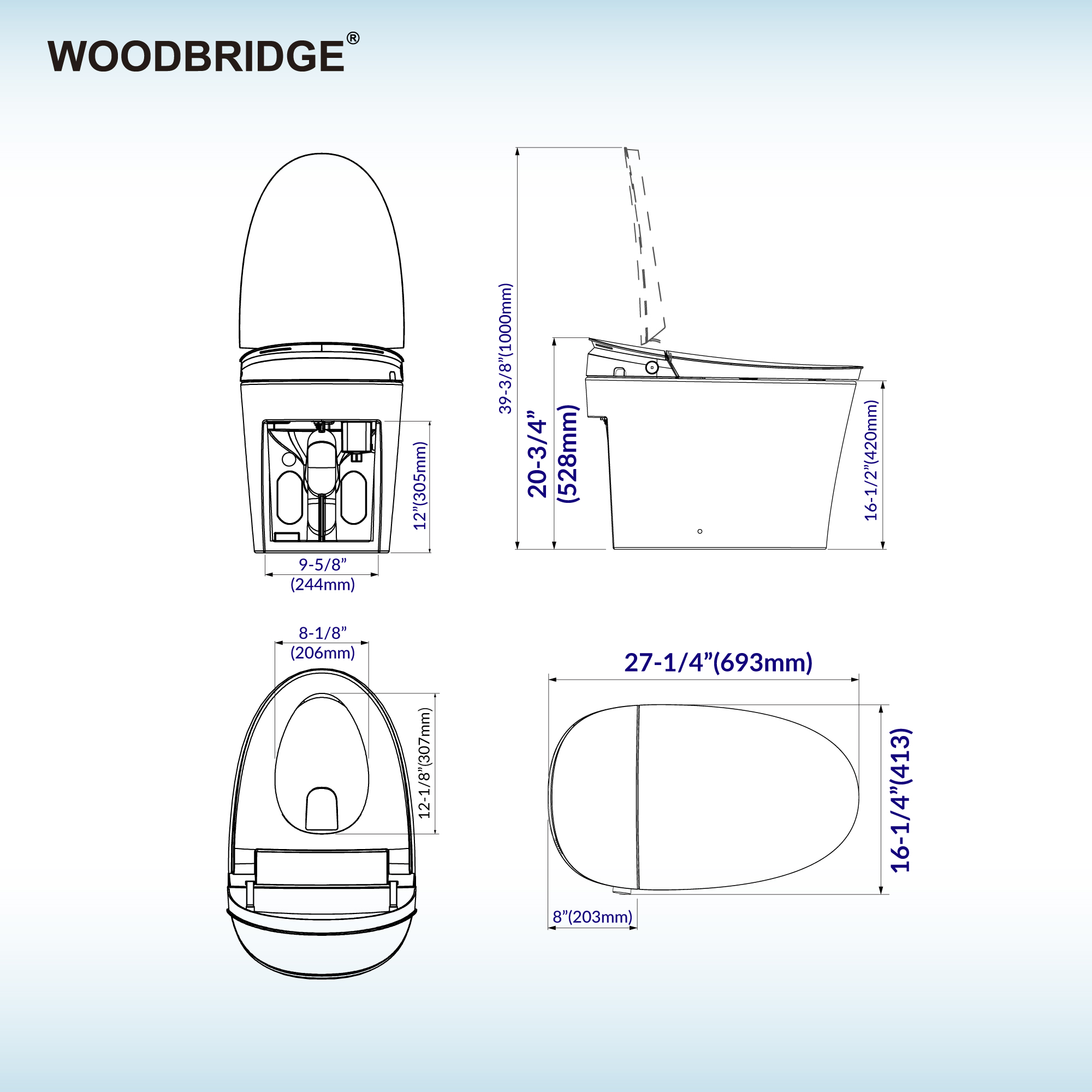 WOODBRIDGE Smart Bidet Toilet Auto Open & Close, Auto Flush, Foot Sensor, Cleaning Foam Dispenser, Heated Seat and ADA Chair Height Design, EBT230