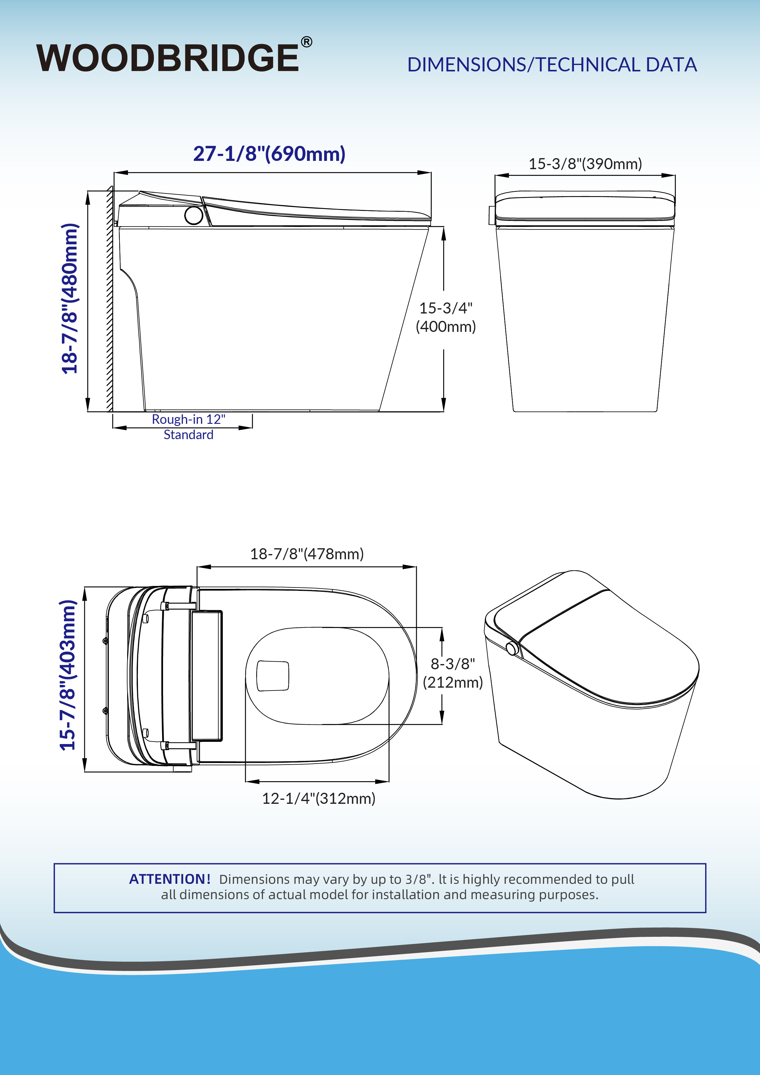 WOODBRIDGE GT073 Smart Toilet with Auto Open/Close Lid, Foot Sensor, Zero Pressure System, Multi-Function Wash & Warm Air Dry – Ideal for Low Water Pressure Homes & Hygiene-Conscious Living