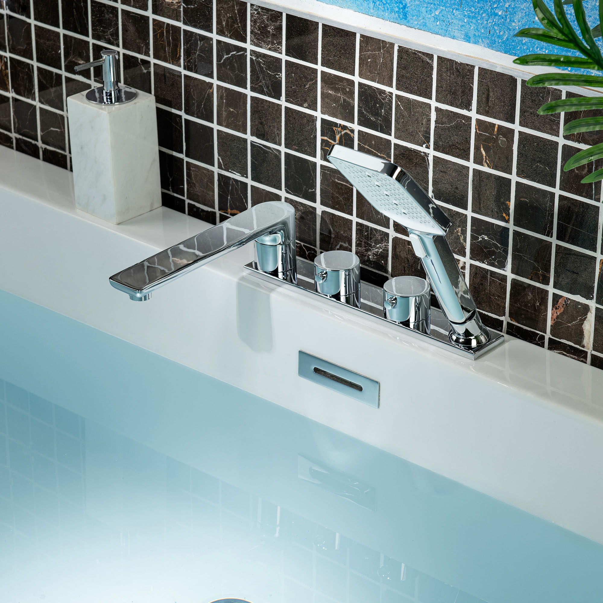 WOODBRIDGE Widespread Deck Mount Roman Tub Faucet with Hand Shower, Two-Handle 4-Holes Bathtub Shower Faucet Set in Chrome