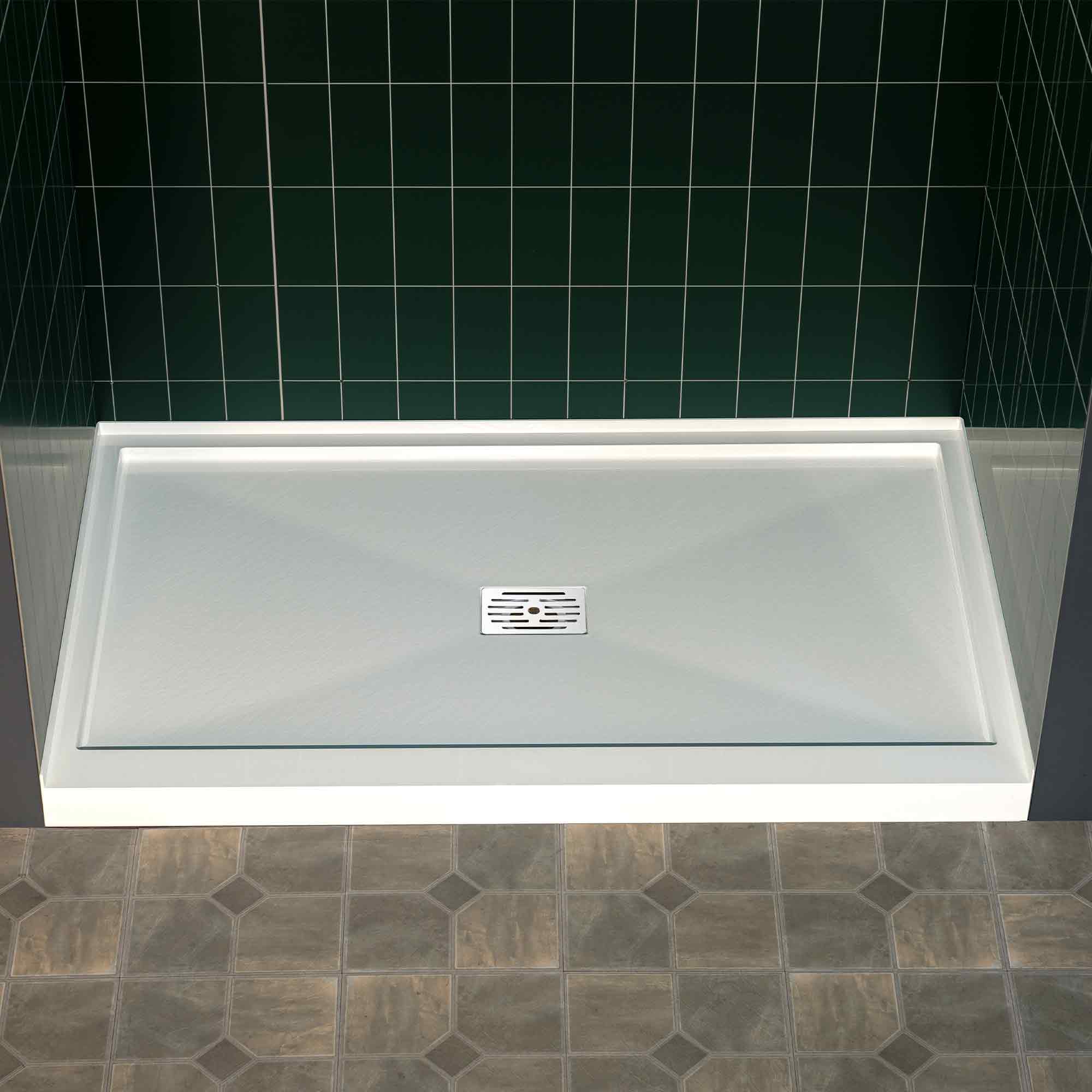 WOODBRIDGE 60 in. x 34 in. Solid Surface Shower Pan Base in White, Alcove Installation with Center Drain, Slip-Resistant & Mold-Resistant